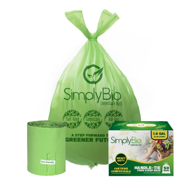 Simply Bio 3 Gallon Compostable Trash Bags Liners Drawstring, Heavy Duty Extra Thick 1 Mil, 11.36 Liter, 50 Bags, Small Kitchen Food Scrap Waste Bag, ASTM D6400, US BPI and OK Compost Home Certified - Image 1